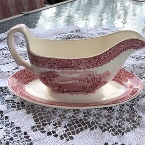 Royal Staffordshire. Red “Jenny Lind” 1795 gravy boat with attached under plate.